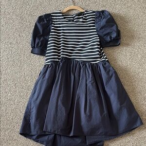 EUC English Factory Navy Striped Bodice Puff Sleeve Dress Sz S